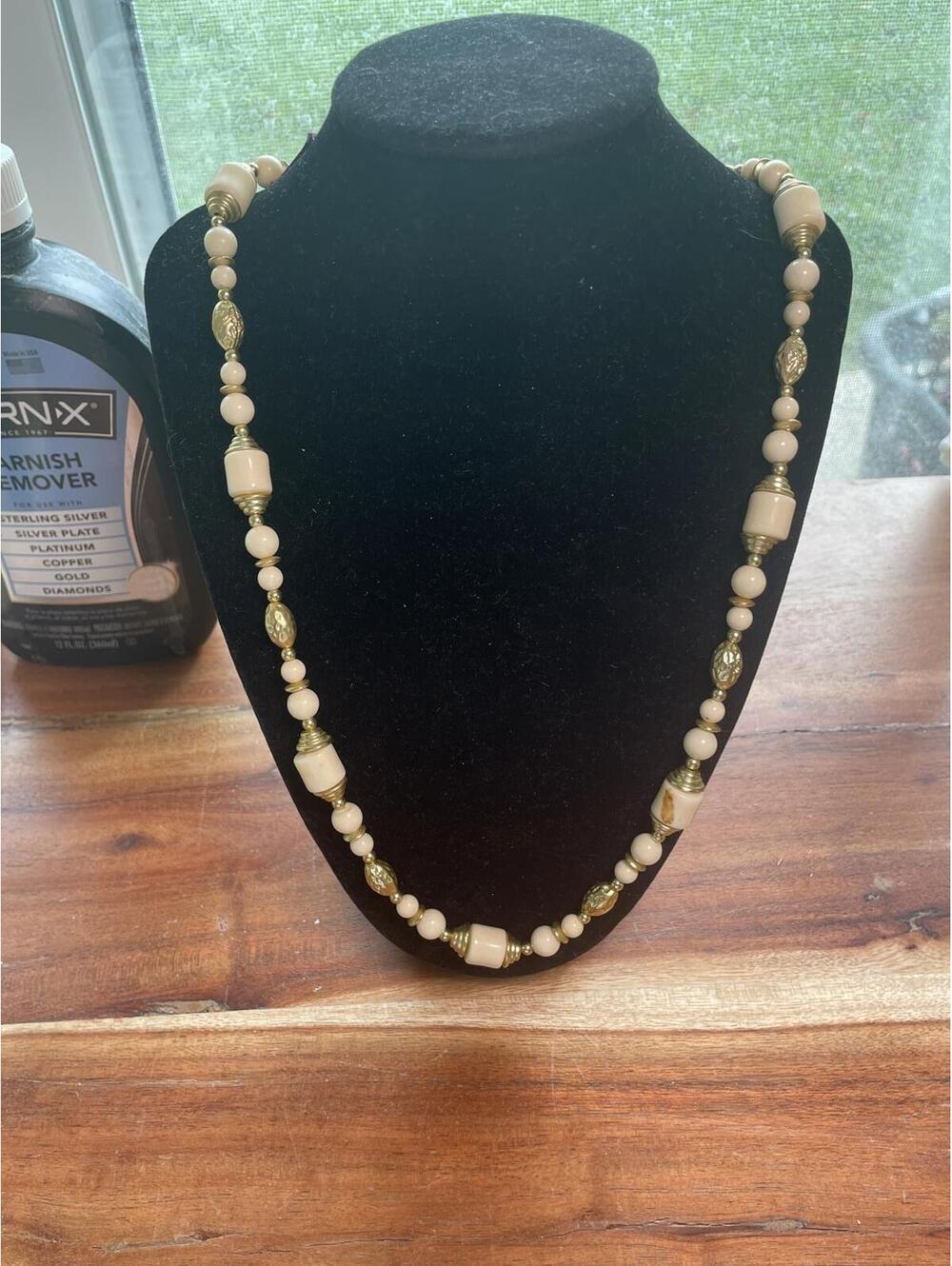 Vintage White Bead Necklace with Gold Tone Accents